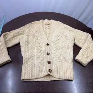 Vintage Men's Cream Cable-Knit V-Neck Fishernit Cardigan